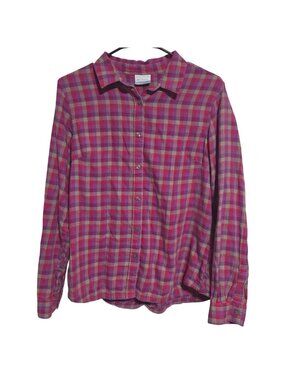 Columbia Button Up Shirt Womens Size Large Pink Purple Plaid Long Sleeve Cotton